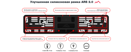 Рамка автомобильного номера силиконовая c пластиковой основой черная ARS 2.0 520 х 112 мм